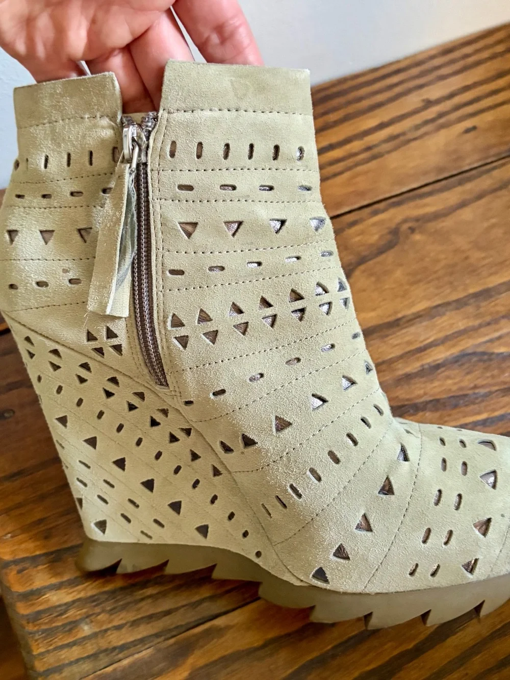 Cutout Suede Wedge Ankle Boots in Taupe